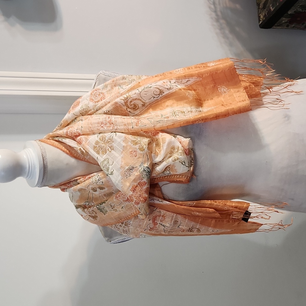 Batik Keris Elegant Orange Floral Patterned Scarf